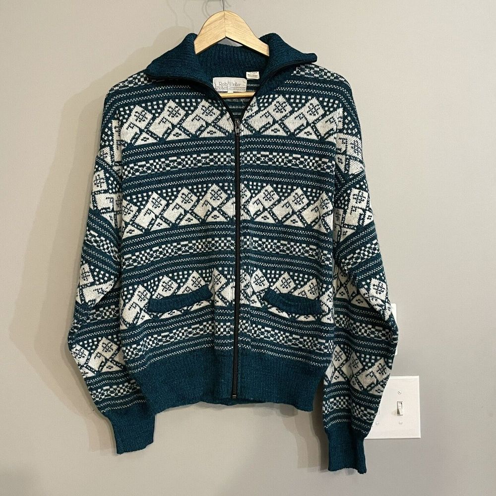 Vintage Rob Winter Cardigan Sweater‎ Full Zip Pockets Grandpacore Medium EUC